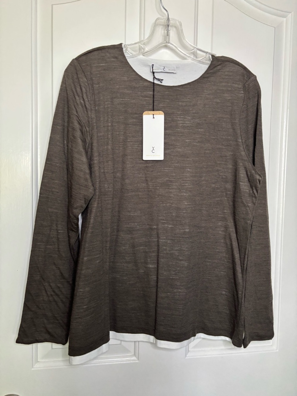 NWT YC Womens Wool blend Long Sleeve Layered Hem Top - Brown/white Sz 4,6 and 10